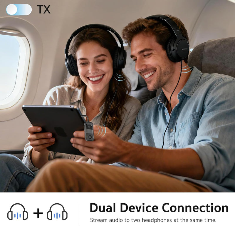 2026 Upgraded Bluetooth 5.3 2-in-1 Audio Adapter, Dual Link for 2 AirPods/Headphones, OLED 3.5mm AUX Transmitter Receiver for Airplane, TV, Car (Black) Black
