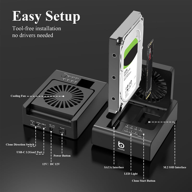 SSD Enclosure with M.2 NVMe & SATA HDD Docking Station,10Gbps USB3.2 Gen2 SSD Cloner for M.2 NVMe SSD + SATA 2.5”/3.5” HDD Converter, Offline Cloning