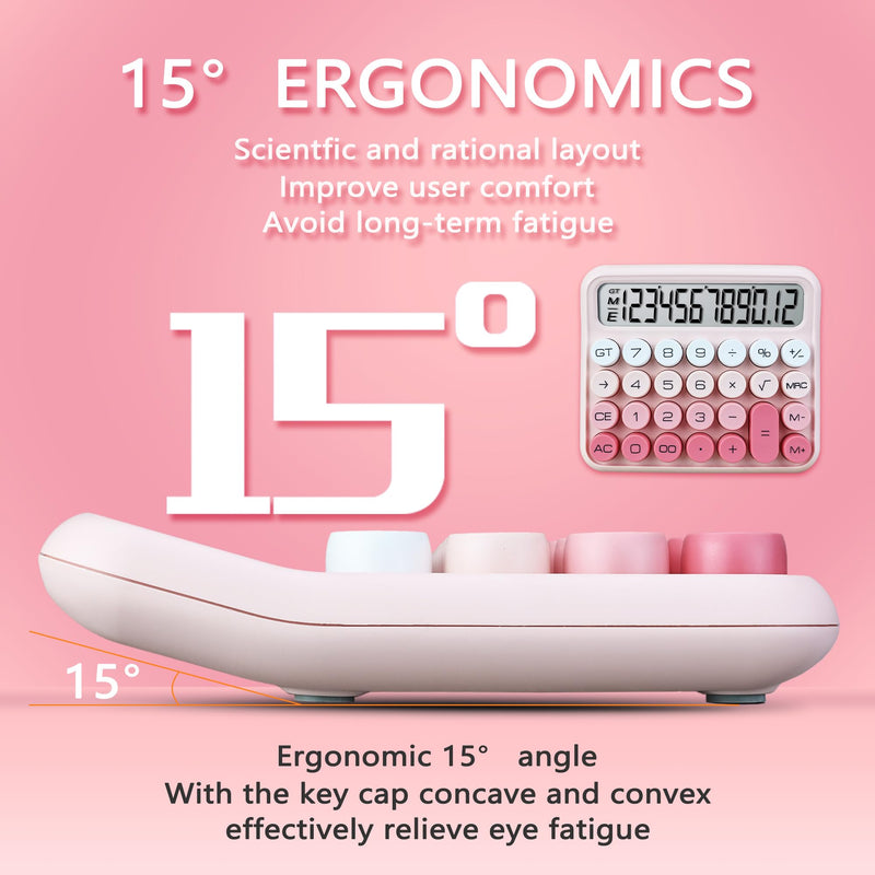 Mechanical Switch Calculator,Calculator Cute 12 Digit Large LCD Display and Buttons,Calculator with Large LCD Display Great for Everyday Life and Basic Office Work.with Battery Pink