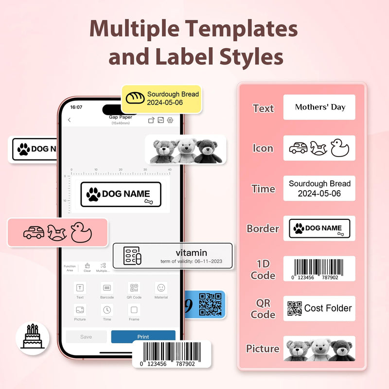 P21 Label Maker Machine with Tape, Bluetooth Label Printer Thermal Mini Label Makers with Built-in Cutter and Multiple Templates, Portable Printers for School, Office, Home Use - Pink