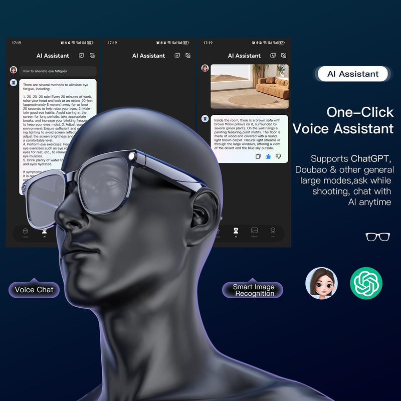 Smart Glasses with Camera, 4K HD Video & Photo Capture Recording Glasses with Audio, AI ChatGPT Assistant, Real-Time Translation Bluetooth Camera Sunglasses, Voice Control Smart Glasses for Men Women