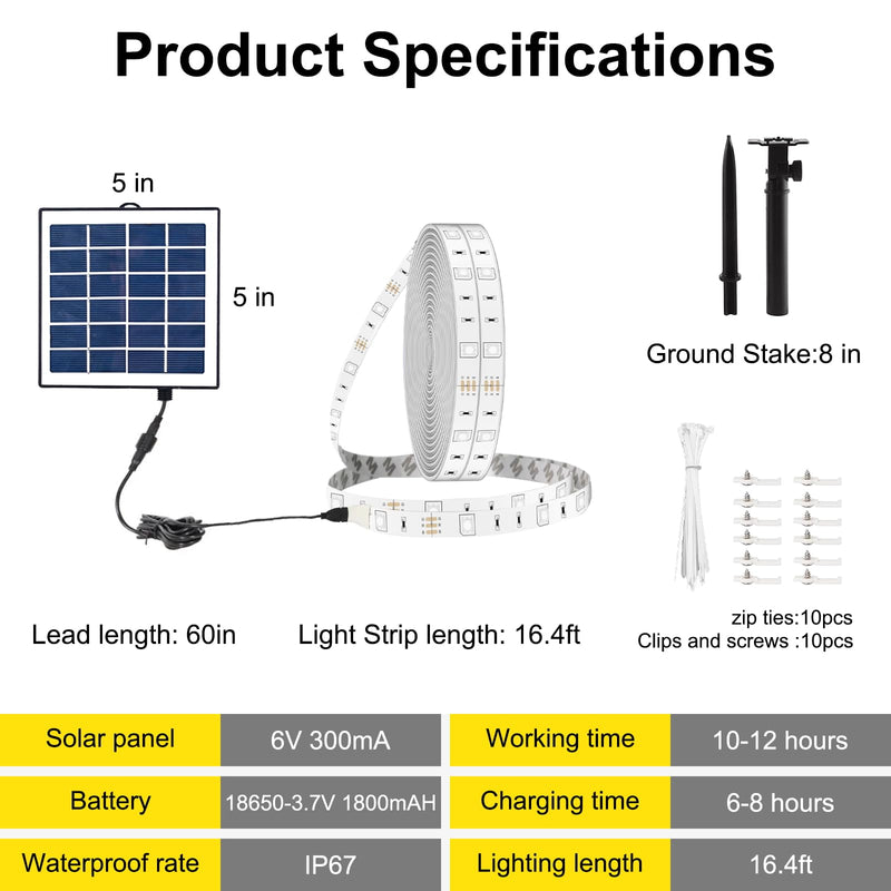 Smart Solar Led Strip Lights Outdoor, 16.4ft RGBICW Solar Rope Lights Self-Adhesive Waterproof with Remote Timer and Auto On/Off, Perfect for Deck, Patio, Poolside, Camping Decor RGBWIC