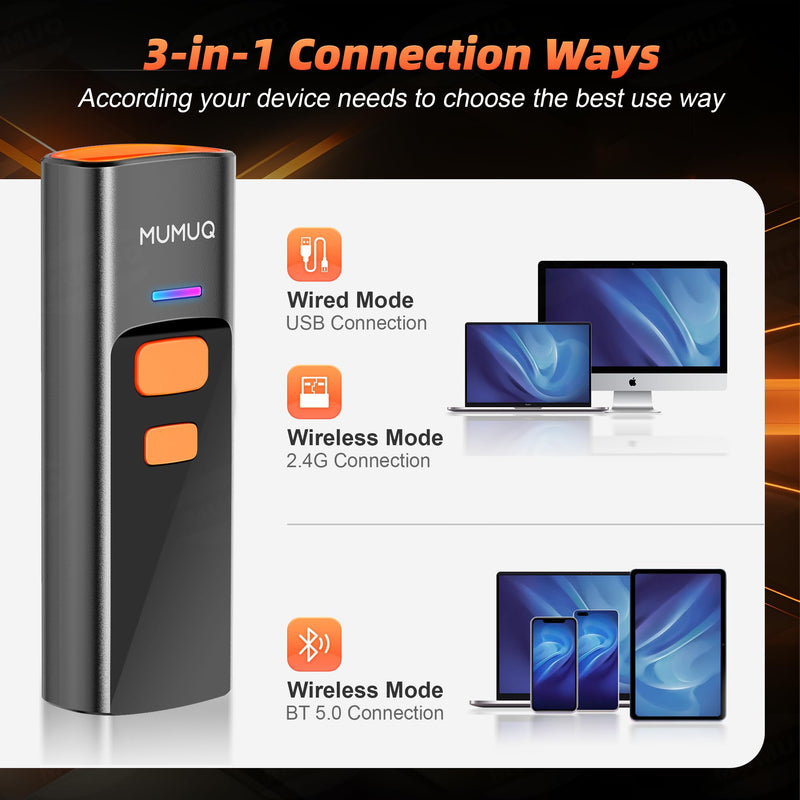 Wireless Barcode Scanner Mini Bluetooth 1D 2D QR Bar Code Scanner 3-in-1 Bluetooth & 2.4G & USB Wire Barcode Reader Compatible with Windows Android iOS Tablet PC (with Charging Dock)