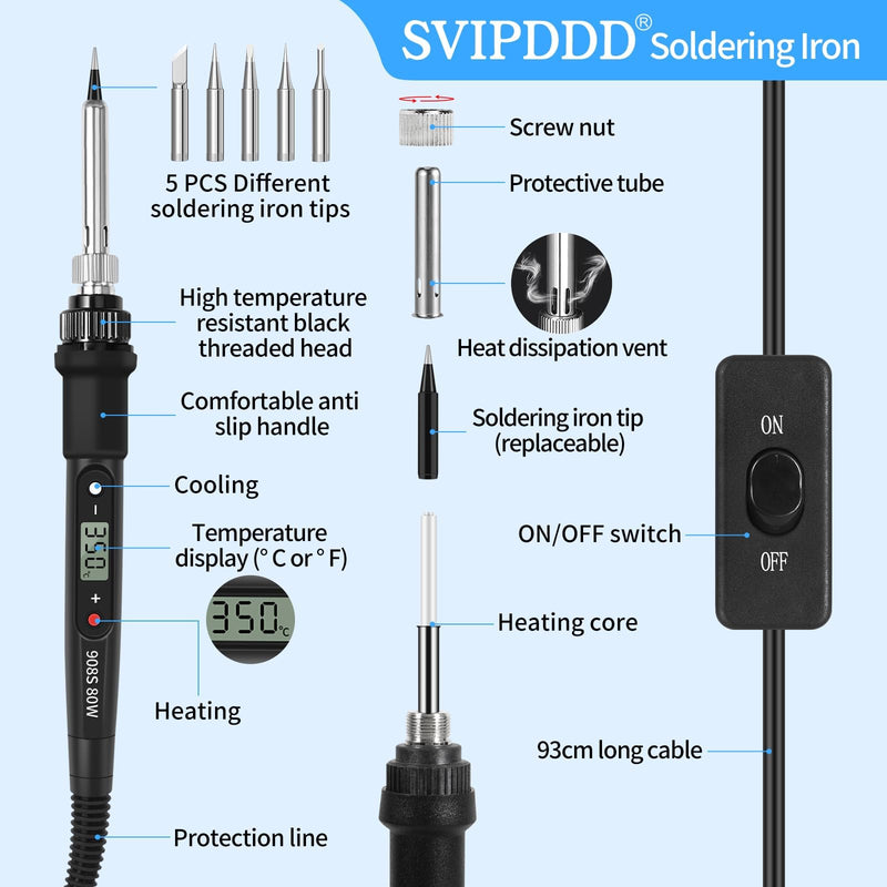 CIRULLI Soldering Iron Set 80 W (350 °C - 500 °C), 17-in-1 Soldering Set with On/Off Switch, 5 Soldering Tips, Desoldering Pump, Soldering Iron Stand, Tweezers, Soldering Iron for Electrical Work and