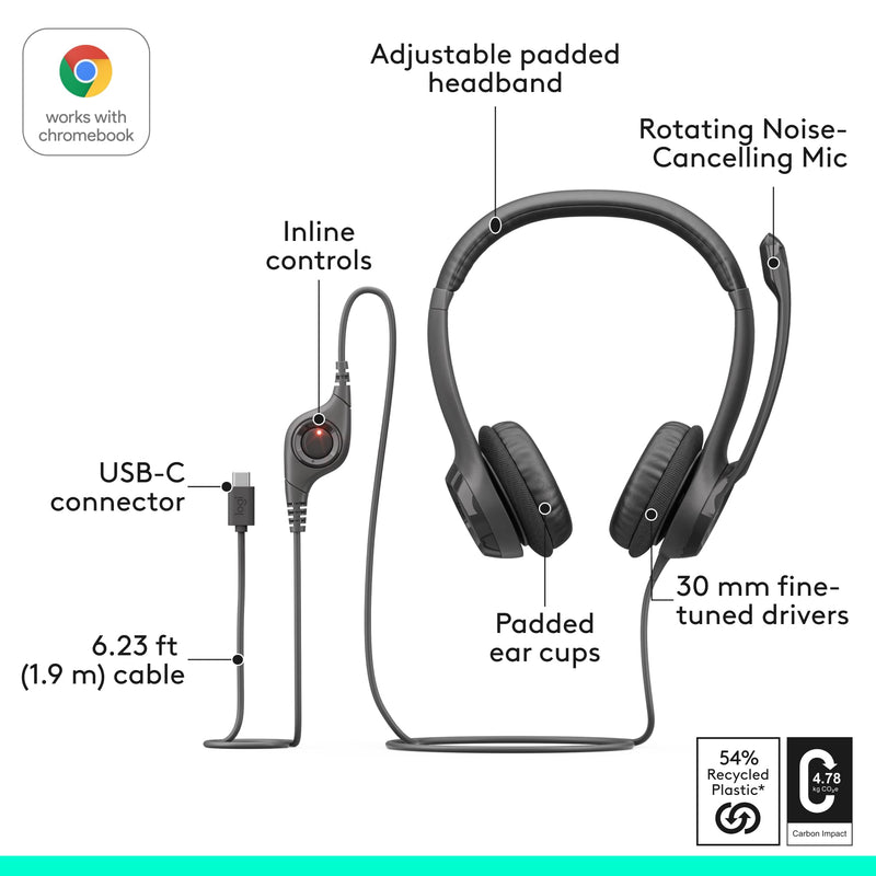 [AUSTRALIA] - Logitech H391 Wired Headset for PC/Laptop, Stereo Headphones with Noise Canceling Microphone, USB-C, in-Line Controls, Works with Chromebook - Graphite 1 Pack 