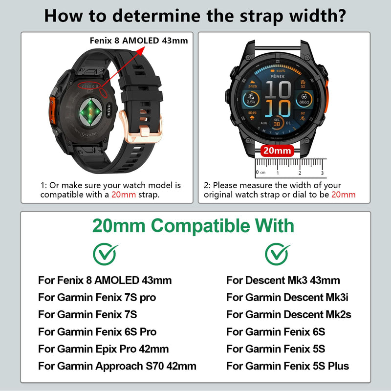 20mm Soft Silicone Watch Band Compatible With Garmin Fenix 8 AMOLED 43mm/Fenix 7S pro sapphire solar/Fenix 6S Pro/Fenix 5S Plus,Women Quickfit Bands for Descent Mk3i 43mm/Mk2s/Approach S70 42mm 3Pack1