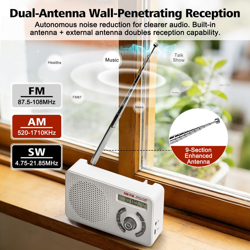 Tendak Portable Radio AM FM SW, Small Radio with Digital Tuning LCD Display, Sleep Timer and Alarm Clock, Battery Powered or Plug in Wall, Transistor Radio for Home Outdoor Seniors