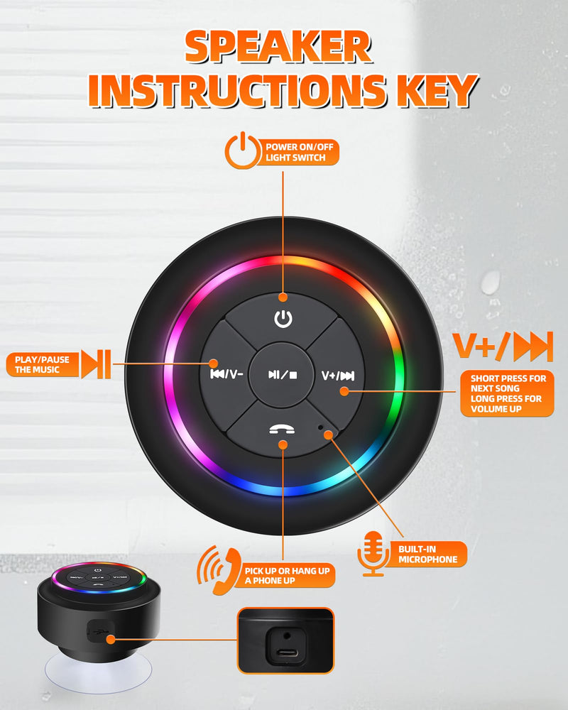 Waterproof Bluetooth Shower Speaker, Portable Wireless Speaker with Suction Cup, Small Portable Wireless Outdoor Speakers, 6 Mode RGB Lights, for Shower Bathroom Pool Beach, Gift Ideas for Christmas