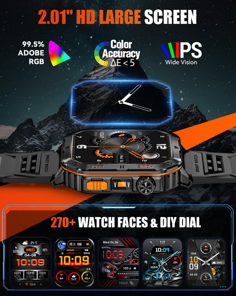 Military Smart Watch for Men, 2.01" Screen Watch with 1200mAh Battery | Bluetooth Calling, Built-in Flashlight, 5ATM Waterproof, and 110+ Sports Modes Compatible with Android and iPhone Black-WL-H01