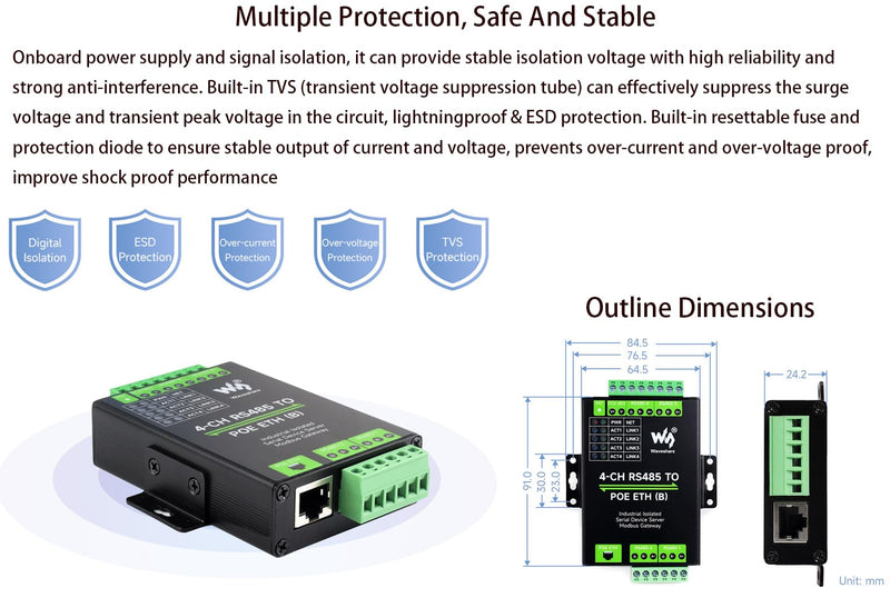 4-Ch RS485 to RJ45 Ethernet with POE Serial Server Adapter Industrial Isolated Serial Module, 4-CH Independent RS485, Support Modbus Gateway/MQTT/JSON, Bi-Directional Transparent Transmission