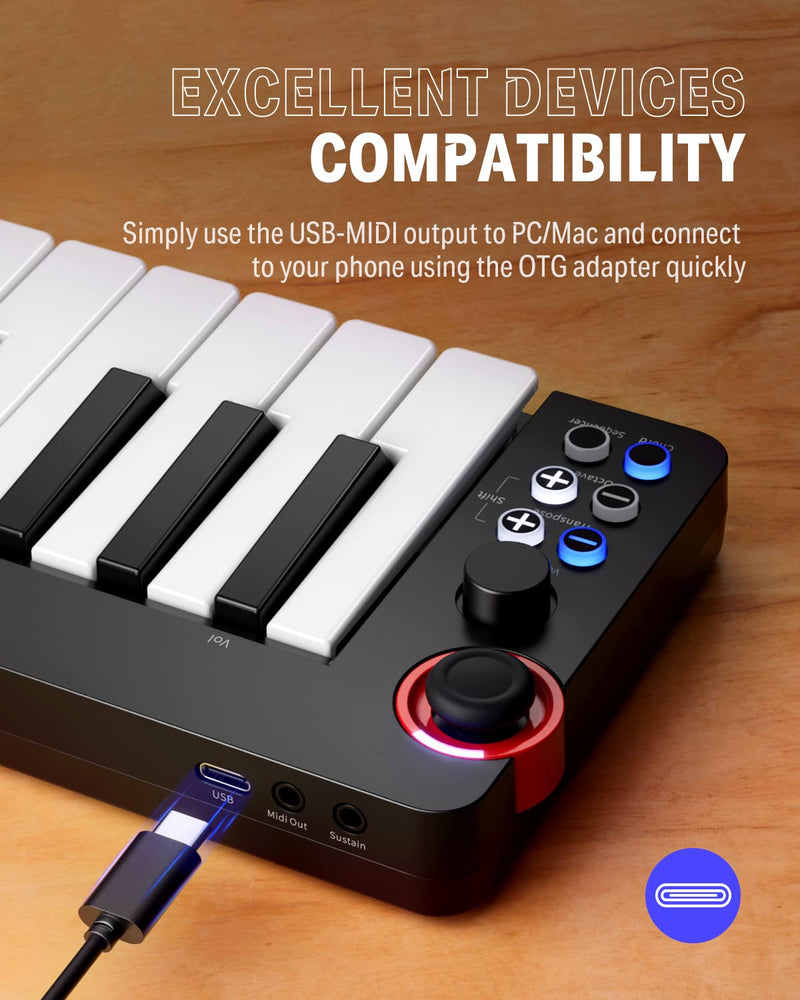 USB MIDI Keyboard Controller MINI 32-Key, Donner N-32 with Screen, Sequencer, Chord, Bend Sound Effects By Light-up Joystick for Mac/PC, Music Production Software, 40 Teaching Courses N32