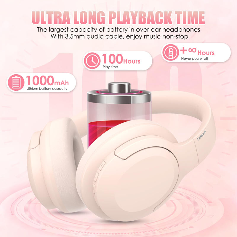 Active Noise Cancelling Headphones, Over-Ear Headphones Pink | Wireless Blutooth Headphones with100H Playtime, Built-in Microphone, Lightweight & Foldable, Deep Bass for Work/Gym/Travel
