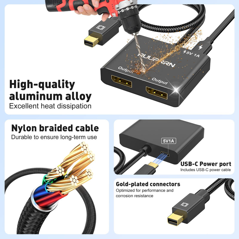Mini DisplayPort to Dual DisplayPort 1.4 Adapter, Single 8K60Hz,HDR | Thunderbolt 2 Male to 2 DP Female Splitter Extended Display Port Splitter for MacBook Air/Pro,Mac mini,Surface Pro/Dock Gold