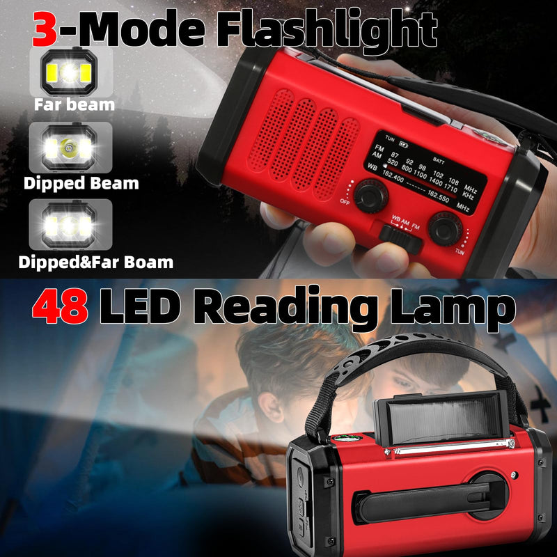 Emergency Weather Radio, 10000mAh /37000mWh Crank Radio, Portable NOAA/AM/FM Weather Radio, Reading Light, Solar Radio, SOS Emergency Flashlight, Multiple Power Sources,for Hurricanes and Emergencies Red