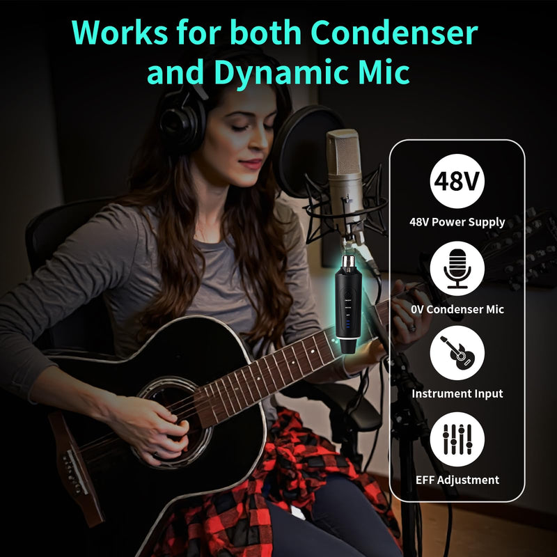 XLR Wireless Microphone System, Wireless Guitar Transmitter Receiver Plug-on for Dynamic and 48V Condenser Microphones, Audio Mixer, with 48V Phantom Power and Reverb Switch (2 transmitter,1 receiver)