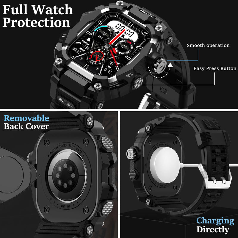 SUPLINK Rugged Case with Sport Band for 45mm Apple Watch Bands Silver and Stainless Steel Apple Watch Band for Men Silver Gold