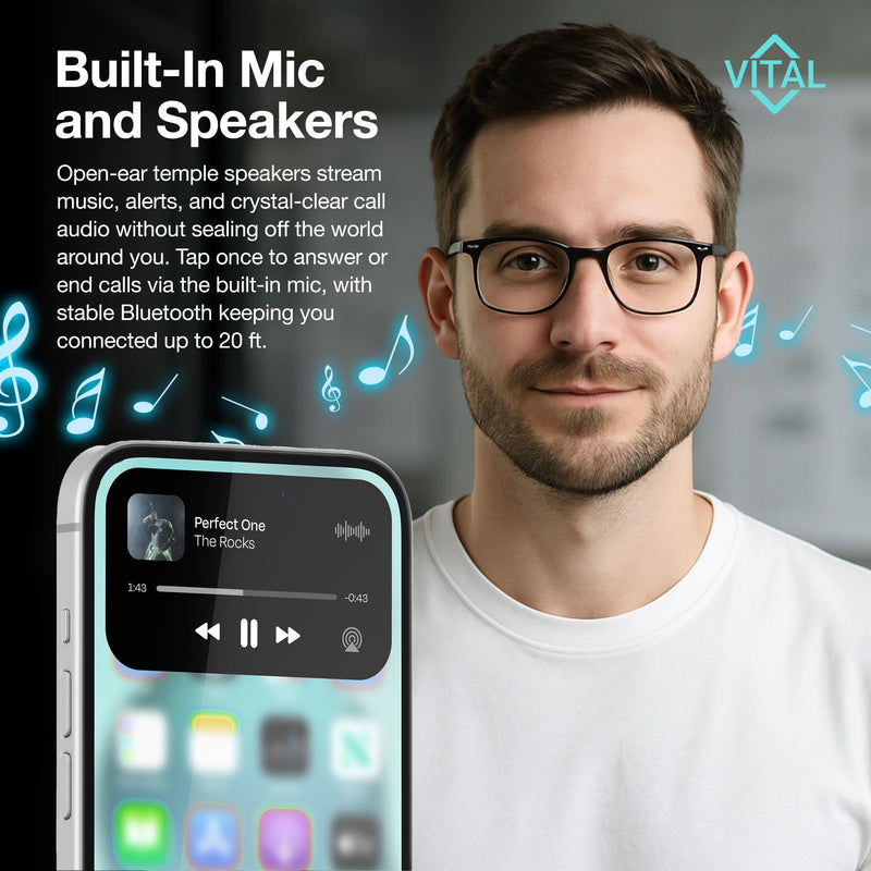 Vital Smart Glasses for Men Women AI Translation Open-Ear Bluetooth 5.3 | 164-Language Translator in Phone App, UV400 Blue-Light Blocker, Voice-Assistant Eyewear, Open-Ear Audio AI Glasses