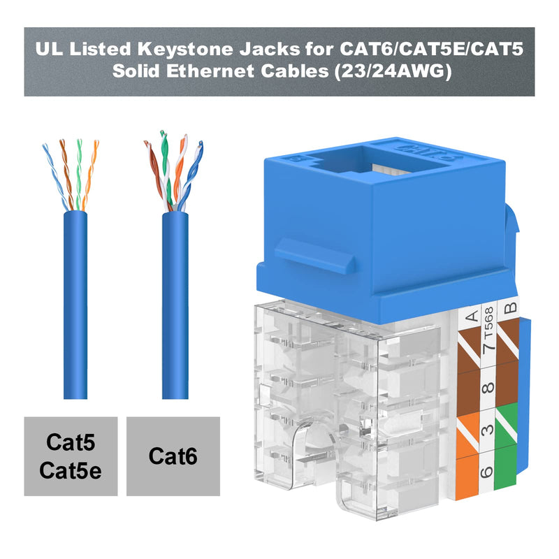 VCE RJ45 Cat6 Keystone Jacks Slim Profile UL-Listed 25-Pack, 90-Degree Ethernet Punch Down Keystone Jack Adapter-Blue Blue