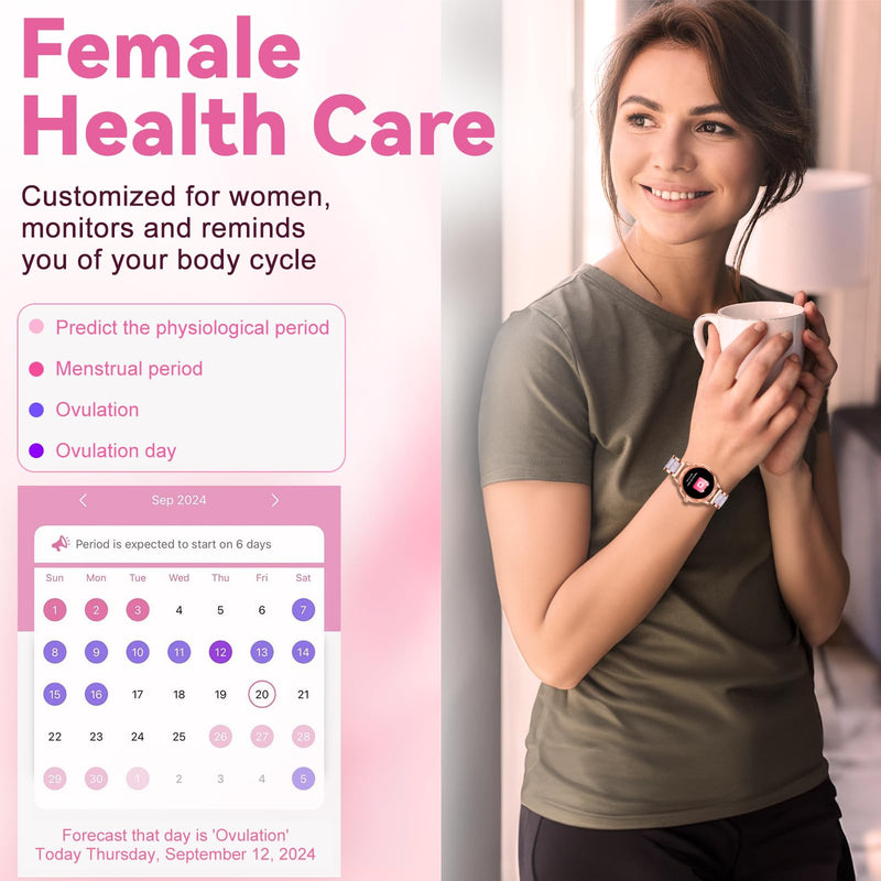 Smart Watch for Women, 1.2" Display 100+ Sports, IP68 Waterproof | Fitness Tracker with Heart Rate, Sleep & Female Cycle, Adjustable Fit, iOS & Android Compatible, W01-Rose Gold