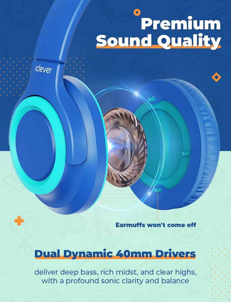 [AUSTRALIA] - iClever 2Pack Kids Headphones with Sharing Splitter - 85dBA Safe Volume Limited - HS22 Wired Headphones for Kids Teens, Tangle-Free 3.5mm Jack Foldable Stereo Headphones for School/Tablet/Travel Green & Blue 