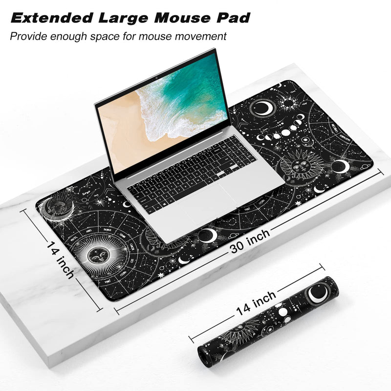 Atufsuat Extended Gaming Mouse Pad, XXL Large Desk Pad 30 x 14 Inch, Big Computer Keyboard Mousepad, Waterproof Mouse Mat with Stitched Edges and Non-Slip Base for Women Office Gaming, Sun Moon
