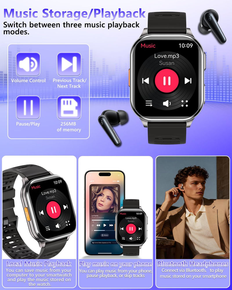 Smart Watches for Men Women with Built-in Camera 2.01" Touch Screen Play local music Save music Fitness with Heart Rate/SpO2/Sleep Monitor IP67 Waterproof Smartwatch for Android iOS 100+ Sports Modes
