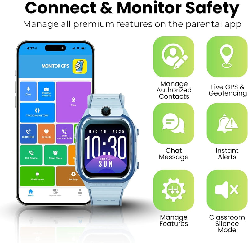 Kids Smart Watch Safe First Phone Watch, Kids GPS Tracker Watch, Video & Voice Calling, Parental Controls, School Mode, SOS & Safety Alerts for Boys & Girls Ages 3-12 (Blue) Blue