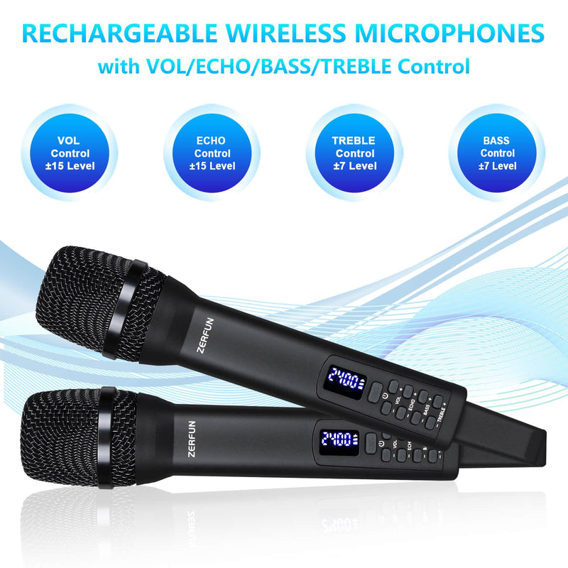 [AUSTRALIA] - Dual Rechargeable Wireless Microphones, Pro Handheld Cordless Mics System with Echo Treble BASS VOL Control for Karaoke Singing Church Party, 1/4'' Output, Black 2 Mics, Black 
