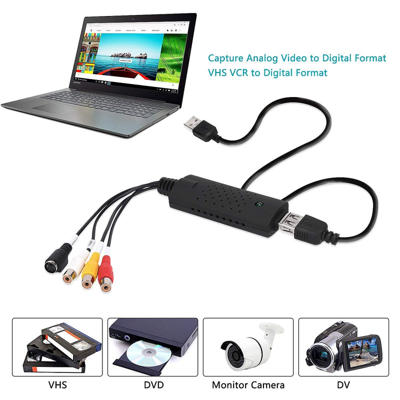 USB Video Capture Card – RCA to USB Audio Video Converter for VHS, Mini DV, VCR, Hi8, DVD to Digital, Support PAL/NTSC, Works with Windows & Mac