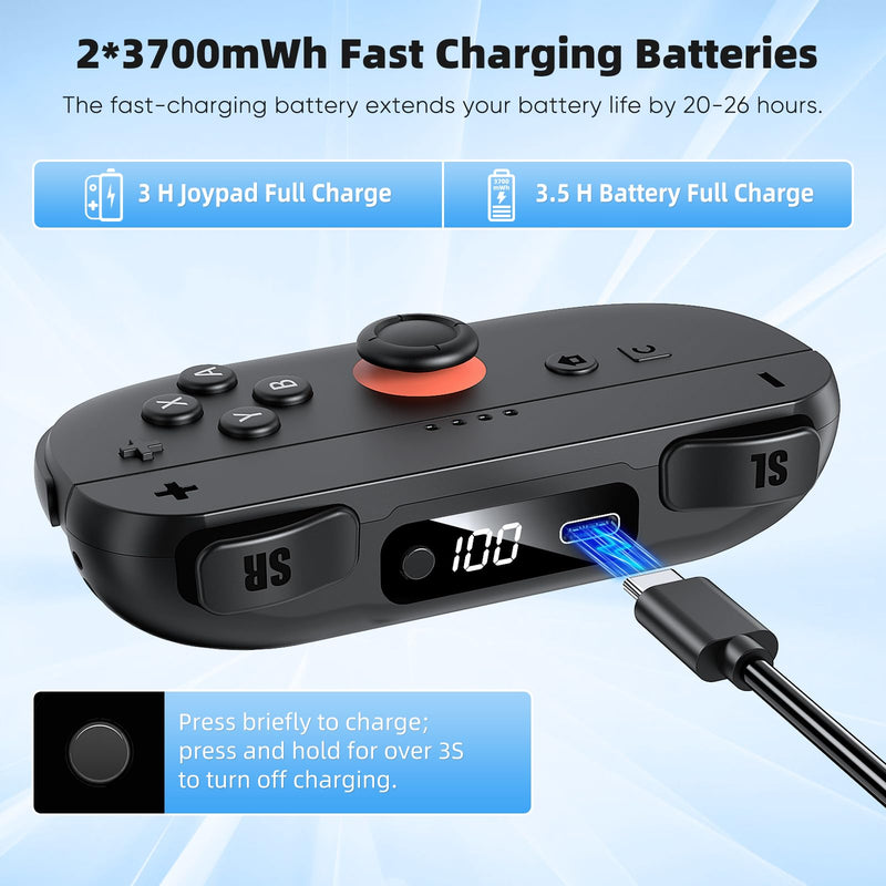 Switch 2 Joypad Charging Grip with Built-in 3700 mWH Battery - 3.5H Fast Charging with LED Display, Enlarged SR/SL Buttons, Charging While Playing (Black & Black) Black & Black