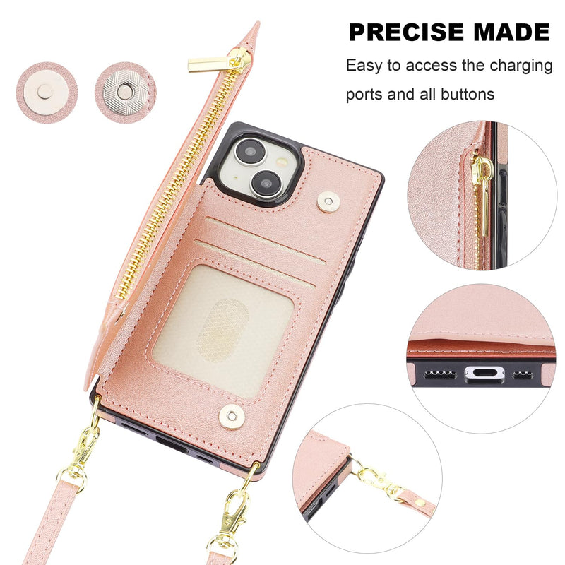 [AUSTRALIA] - Bocasal Crossbody Wallet Case for iPhone 15 with RFID Blocking Card Slot Holder, Magnetic Flip Folio Purse Case, PU Leather Zipper Handbag with Detachable Lanyard Strap 6.1 Inch 5G (Rose Gold) Rose Gold 