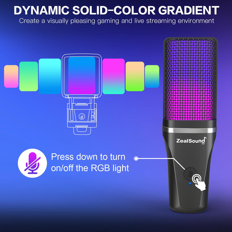 ZealSound Gaming USB Microphone for PC,RGB Condenser Computer Mic with Tripod Stand,Quick Mute,Gain Control for Gaming,Streaming,Podcasting,Recording,ASMR,Cardioid Mic Kit for Laptop/PS4/PS5/Phone RGB