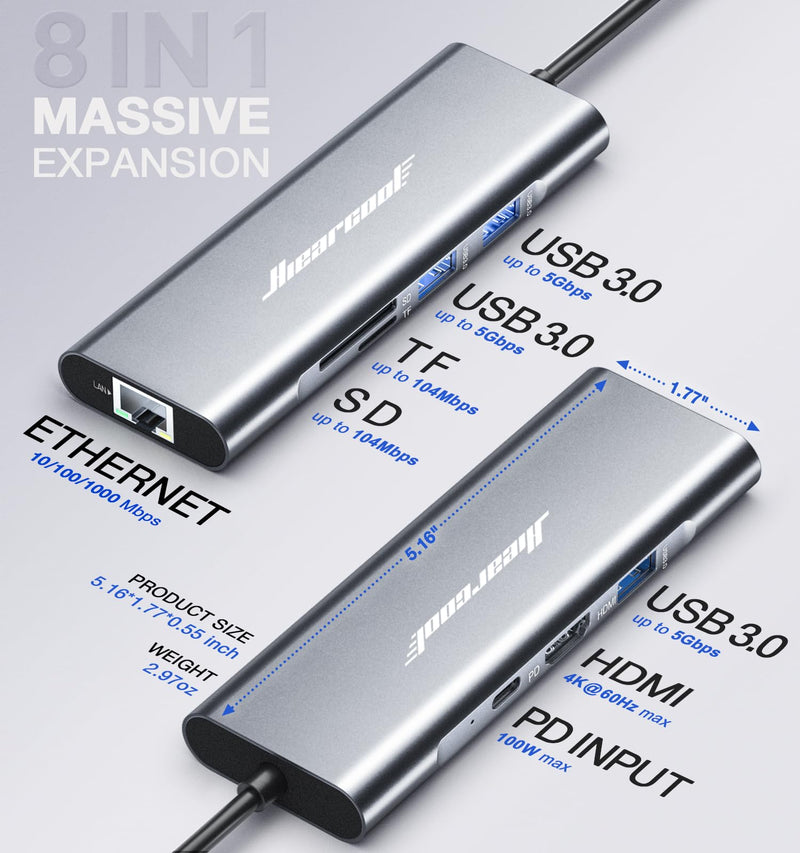 [AUSTRALIA] - Hiearcool USB C Hub Ethernet,4K@60 USB C to HDMI Hub,8in1 Multi-Port USB C Adapter Type C Dock Dongle Compatible for MacBook Pro Air iPad Dell Lenovo Grey 