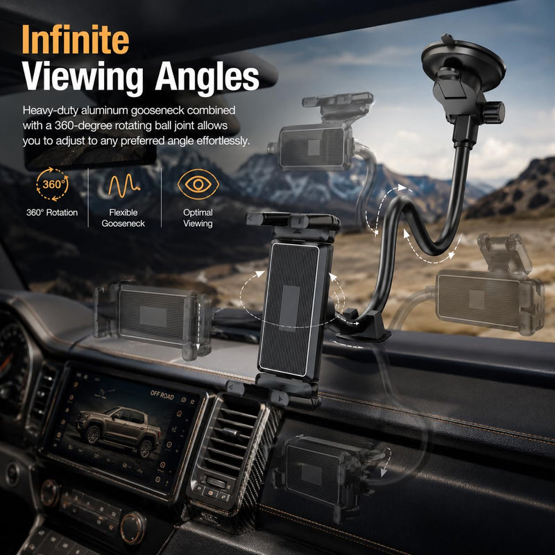 Car Windshield Tablet Mount 360° Rotation Suction Cup Holder Large Adjustable Clamp Fits 5 to 15 Inch Devices for Truck SUV Navigation and Entertainment, Black