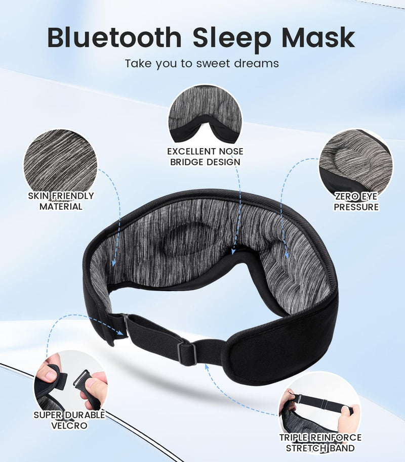 Bluetooth Sleep Mask, Boodlab Sleep Mask with Bluetooth Headphones, Sleeping Headphones for Side Sleepers Travel Yoga, Cool Tech Gadgets Unique Gift for Valentine's Mother's Day Birthday Christmas Black Gray