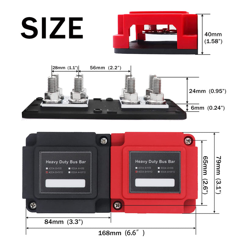 400 Am Power Distribution Block Bus Bar Pair with Cover Marine Bus Bar, Automotive, and Solar Wiring 8x3/8 M10 Studs Heavy Duty Power 400A