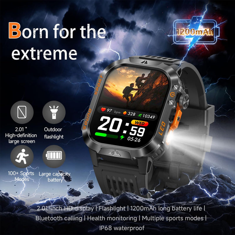 Smart Watch,1200mAh Long Battery Life, 2.01-inch LCD, Bluetooth Calling, Flashlight, Heart Rate/Sleep Monitoring, Supports 100+Sports Modes, IP68 Waterproof,Android & iOS Compatible (Black) Black