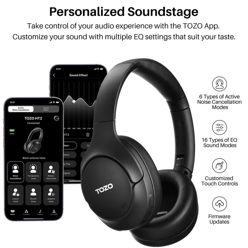 TOZO HT2 Hybrid Active Noise Cancelling Headphones, Wireless Over Ear Bluetooth Headphones, 60H Playtime, Hi-Res Audio Custom EQ via App Deep Bass Comfort Fit Ear Cups, for Home Office Travel Black