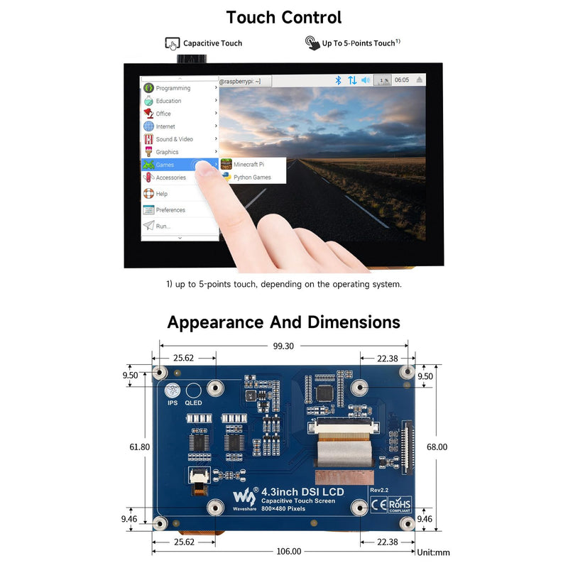 [AUSTRALIA] - waveshare 4.3inch Capacitive Touch Display Compatible with Raspberry Pi 5/4B/3B+/3A+/3B/2B/B+/A+/CM3/3+/4 800×480 Resolution IPS Wide Angle MIPI DSI Interface 4.3inch DSI LCD 