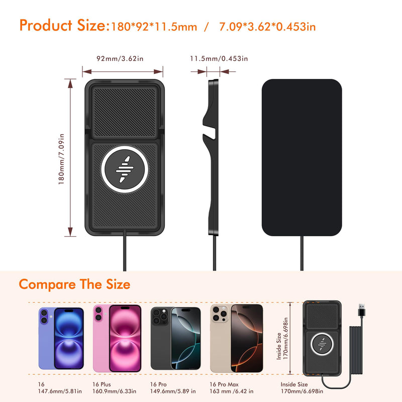 Wireless Car Charger Pad for iPhone 17/16/15/14/13/12 & Samsung, Non Slip Fast Wireless Charging Pad for Car Dashboard Console, Portable USB A Phone Charger for Vehicle SUV Truck Travel