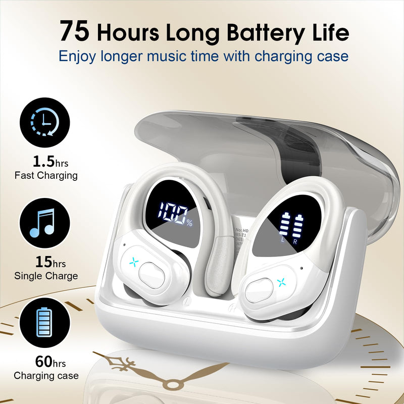 Wireless Earbuds 75H Bluetooth 5.4 Sport Headphones with Earhooks, White | IPX7 Waterproof In-ear Buds Feature ENC Noise Cancelling Mic & Deep Bass. Stereo Sound Device for Gym Running Workout