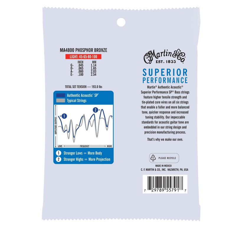 Martin Authentic Acoustic® SP® Bass Strings – Phosphor Bronze, Light Gauge | Long-Lasting Tone, Corrosion Resistance & Tuning Stability | 4-String Acoustic Bass Set Light Bass, (4 str)