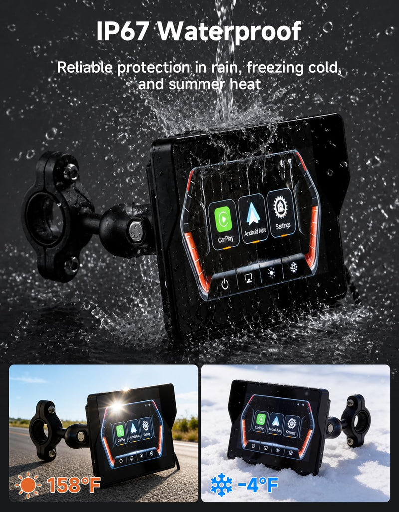 KEMIMOTO 5 Inch Motorcycle Screen, Auto Brightness – Wireless CarPlay & Android Auto, Waterproof GPS Navigation Display with Handlebar Mount – for Road, Touring, Adventure