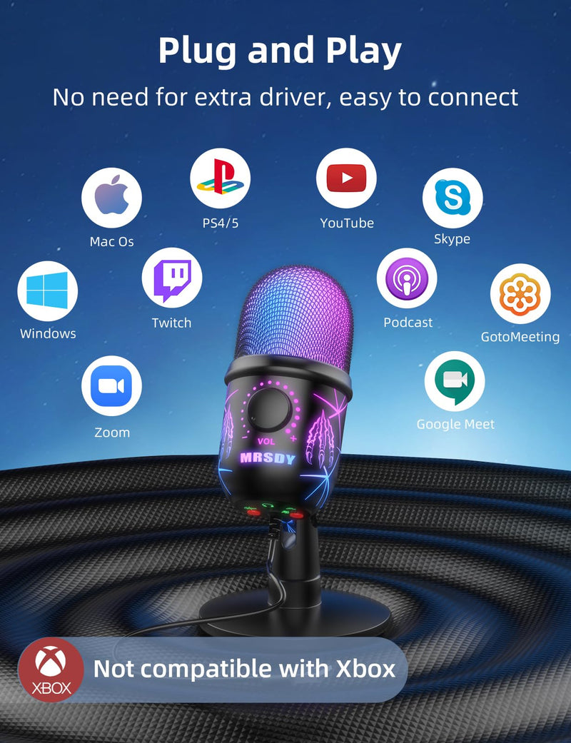USB Microphone, Plug and Play Gaming Mic for PC, Mac, PS4/5, Podcast Microphone with RGB, Mute, Monitor, Noise Reduction, Volume Gain, Great for Recording, Streaming V5 Mic