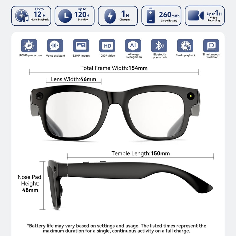 AI Smart Glasses with HD Camera, BT Call, 8MP Anti-Shake Camera Glasses with 1080P Video Recording Dual Mic, Simultaneous Interpretation/GPT Identify Objects, Photochromic Lens Black