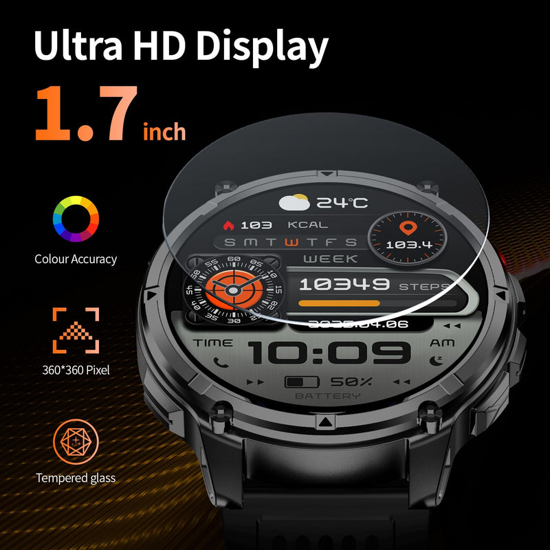 Mens Smart Watch for Android Phones and iPhone,Military Sport Smart Watches for Men Fitness Tracker Watch with Flashlight/Compass/Waterproof/100 Days Battery/Heart Rate/Sleep/100+ Sport Modes Black