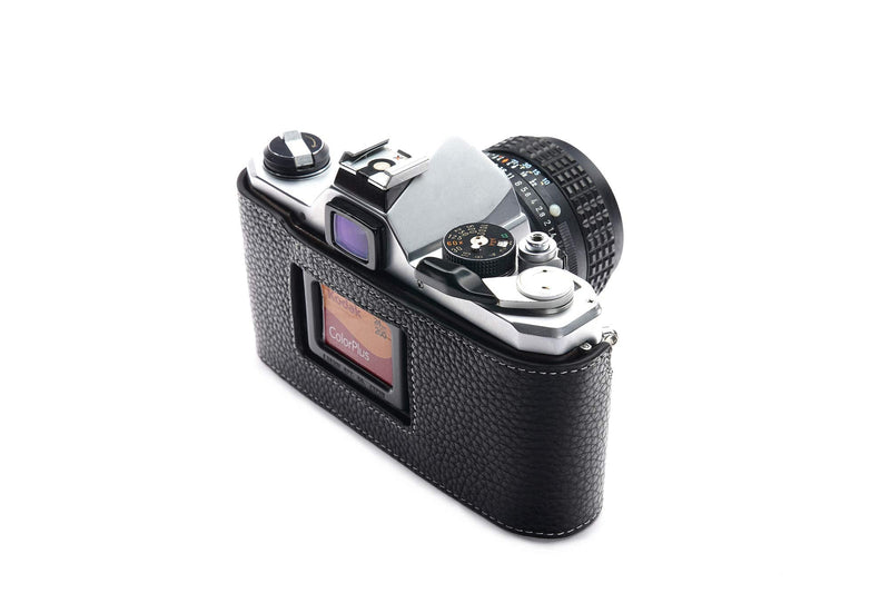 Pentax MX ME Case, BolinUS Handmade Genuine Real Leather Half Camera Case Bag Cover for Pentax MX ME Camera with Hand Strap (Black) Black