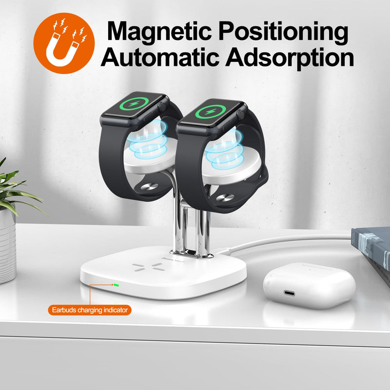 Dual Watch Charger Stand for Apple Watch, 3 in 1 Wireless Charging Station Stand Compatible with Apple Watch Ultra 2/9/8/7/6/5/3/2/SE, Wireless Charger Dock for Airpods Pro 2/3/2 (White) White