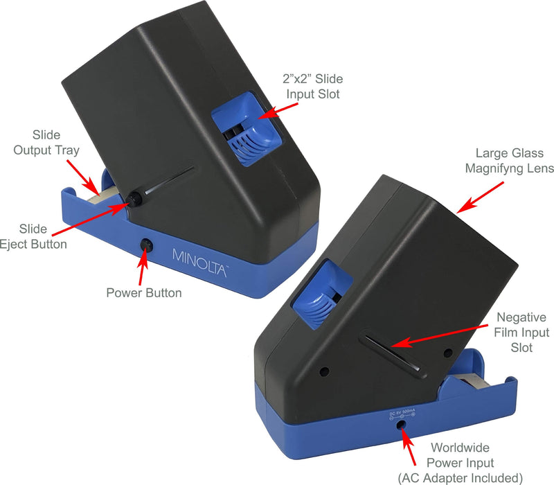 [AUSTRALIA] - MINOLTA 35mm Desk Top Portable LED Slide and Negative Viewer Luminated 3X Magnify – for 2"x2" Slides & Positive Negatives - Worldwide AC Adapter & Plugs, Battery Operation & Cloth 