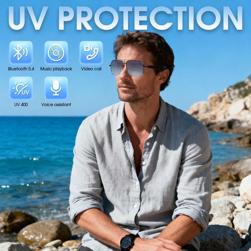 APOPHENIA AI Smart Bluetooth5.4 Glasses, Silver Frame Blue/Purple Lens | 140 Languages Real-Time Two-Way Translation, UV/Blue Light Protection & Anti-Glare, Aviator Style Unisex